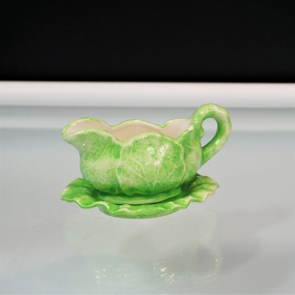 Italian The Mane Lion Pottery Cabbage Collection Gravy Boat With Underplate FLAW - Picture 2 of 7